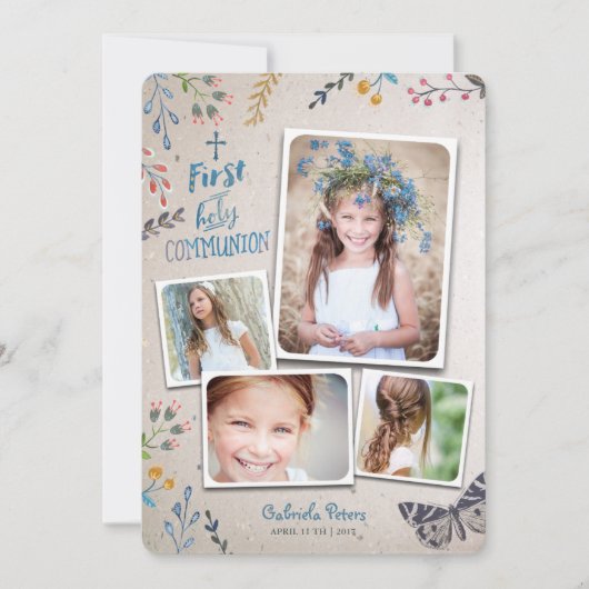 Eerste Heilige Communie Floral | Fotouitnodigingen Kaart (Voorkant)