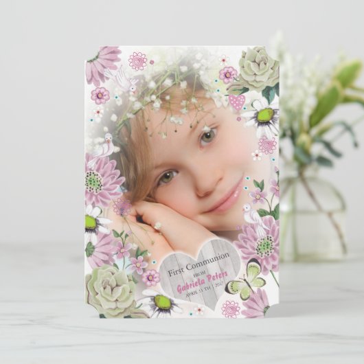 Eerste Heilige Communie Floral | Fotouitnodigingen Kaart (Staand voorkant)