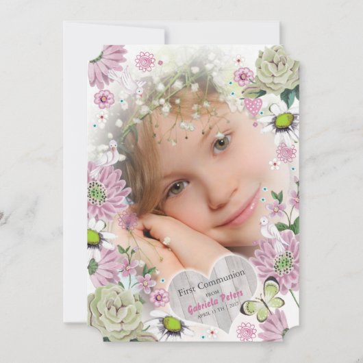 Eerste Heilige Communie Floral | Fotouitnodigingen Kaart (Voorkant)