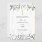 Eerste Heilige Communie Floral Greenery Gold Cross Kaart (Voorkant)