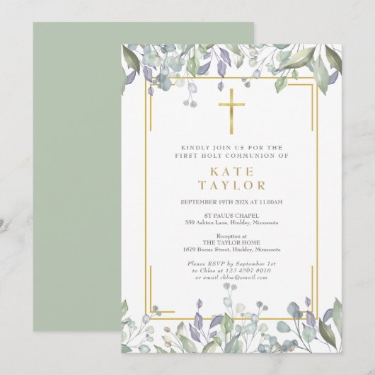 Eerste Heilige Communie Floral Greenery Gold Cross Kaart (Voorkant / Achterkant)