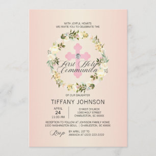 Eerste Heilige Communie Floral Pink Cross GIRL + P Kaart