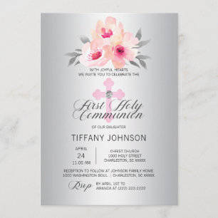 Eerste Heilige Communie Floral Pink Cross GIRL + P Kaart