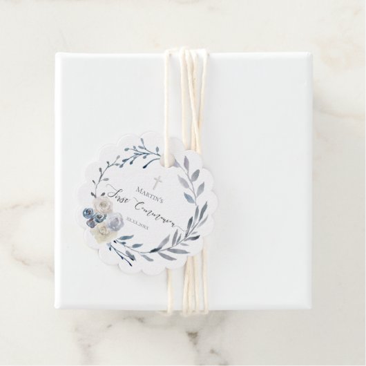 Eerste Heilige Communie florale stoffige blauwe ba Bedankjes Labels (In situ)