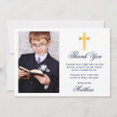 Eerste Heilige Communie Foto Blauwe Strepen Goud Bedankkaart (Voorkant)