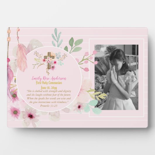 Eerste Heilige Communie FOTO Cadeau Meisjes Roze B Fotoplaat (voorkant)