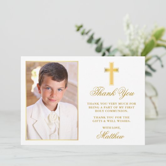 Eerste Heilige Communie Foto Goud Lijst Bedankkaart (Staand voorkant)