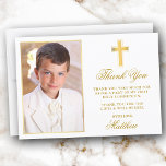 Eerste Heilige Communie Foto Goud Lijst Bedankkaart<br><div class="desc">Elegante eerste Heilige Communie Dank u kaart met Gouden Kruis. Foto voorzijde. Goud Lijst.</div>