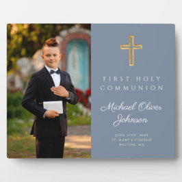 Eerste Heilige Communie Foto Jongen Stof Blauw Fotoplaat