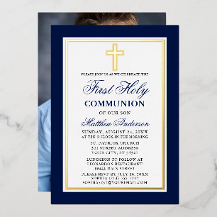 Eerste Heilige Communie Foto Kruis Goud Blauw Folie Uitnodiging