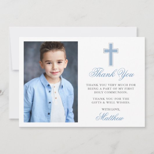 Eerste Heilige Communie Foto Lichtblauw Bedankkaart (Voorkant)