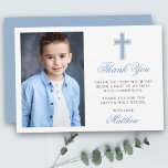 Eerste Heilige Communie Foto Lichtblauw Bedankkaart<br><div class="desc">Elegante eerste Heilige Communie Dank u kaart met Zilveren Kruis. Foto voorzijde. Lichtblauw schrift.</div>