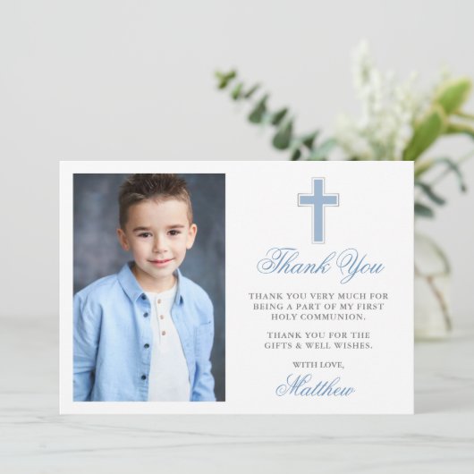 Eerste Heilige Communie Foto Lichtblauw Gestreept Bedankkaart (Staand voorkant)