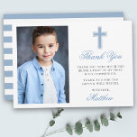 Eerste Heilige Communie Foto Lichtblauw Gestreept Bedankkaart<br><div class="desc">Elegante eerste Heilige Communie Dank u kaart met Zilveren Kruis. Foto voorzijde. Lichtblauw schrift. Gestreepte achterkant.</div>