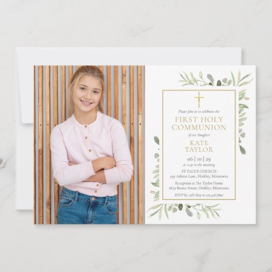 Eerste Heilige Communie Foto met Waterverf Groen Kaart (Voorkant)
