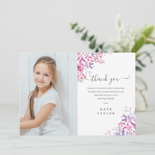 Eerste Heilige Communie Foto met Wilde Lavendelblo Bedankkaart (Staand voorkant)