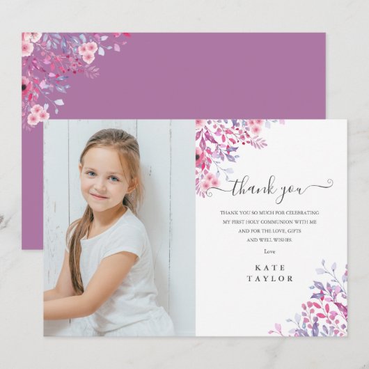 Eerste Heilige Communie Foto met Wilde Lavendelblo Bedankkaart (Voorkant / Achterkant)