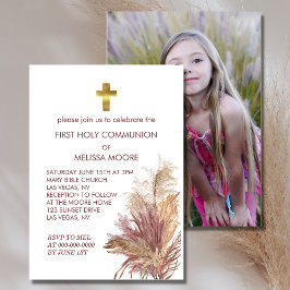 Eerste Heilige Communie Foto Roze Pampas Elegance Kaart