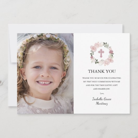 Eerste Heilige Communie Foto Roze Roze Bloem Bedankkaart (Voorkant)