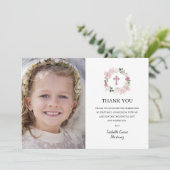 Eerste Heilige Communie Foto Roze Roze Bloem Bedankkaart (Staand voorkant)