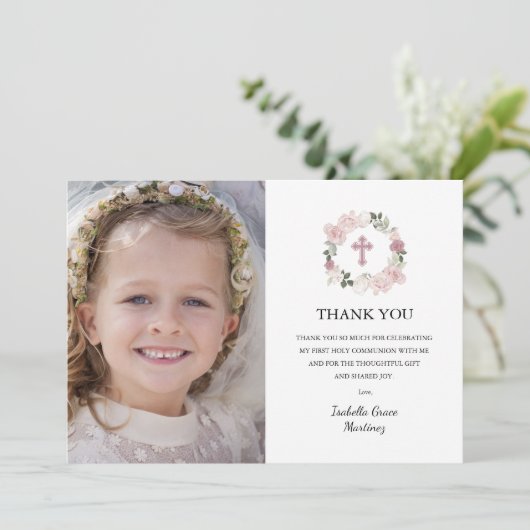 Eerste Heilige Communie Foto Roze Roze Bloem Bedankkaart (Staand voorkant)