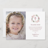 Eerste Heilige Communie Foto Roze Roze Bloem Bedankkaart (Voorkant)