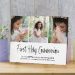 Eerste Heilige Communie Fotocollage Fotoplaat<br><div class="desc">Stijlvolle,  moderne fotocollage plaque. Eerste Heilige Communie is te zien in een verfijnd typografisch schrift met stijlvolle handgeschreven letters op een witte achtergrond. Pas aan met een naam,  de datum,  de plaats van de doop. ideaal als cadeau of aandenken.</div>