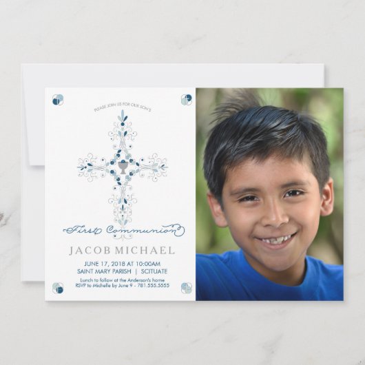 Eerste Heilige Communie Fotouitnodiging Jongen Uit Kaart (Voorkant)