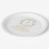 Eerste Heilige Communie Gold Cross Greenery Papieren Bordje (Gekanteld)