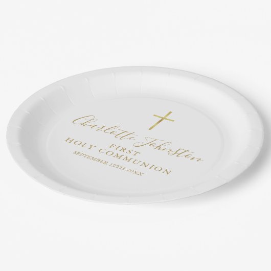 Eerste Heilige Communie Golden Signature Script Papieren Bordje (Gekanteld)