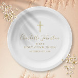 Eerste Heilige Communie Golden Signature Script Papieren Bordje<br><div class="desc">Met de naam van de gouden scripthandtekening. Personaliseer uw speciale informatie over de eerste heilige in het teken van de goudletters Ontworpen door Thisnotme©</div>