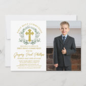 Eerste Heilige Communie Goud Wit Groen Jongen Foto Kaart (Voorkant)