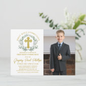 Eerste Heilige Communie Goud Wit Groen Jongen Foto Kaart (Staand voorkant)