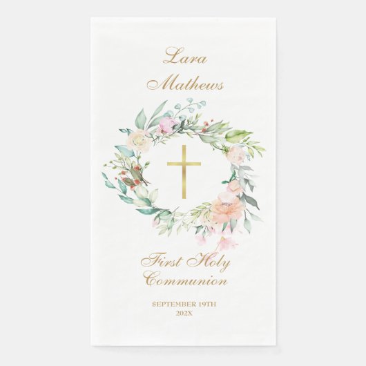 Eerste Heilige Communie Gouden Bloemenslinger Servet (Voorkant)
