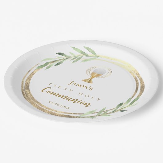 Eerste Heilige Communie gouden cirkel groen blad Papieren Bordje (Gekanteld)