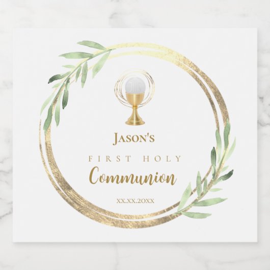 Eerste Heilige Communie gouden cirkel groen blad Sparkling Wijnetiket (Enkel label)