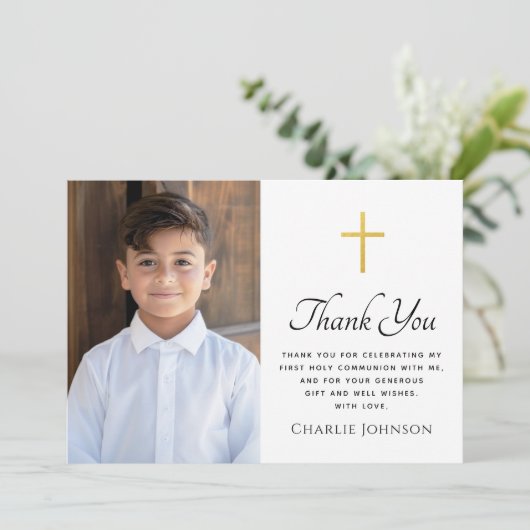 Eerste heilige communie gouden gradiënt cross foto bedankkaart (Staand voorkant)