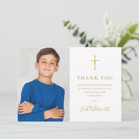 Eerste Heilige Communie Gouden Handtekening Foto Bedankkaart (Staand voorkant)