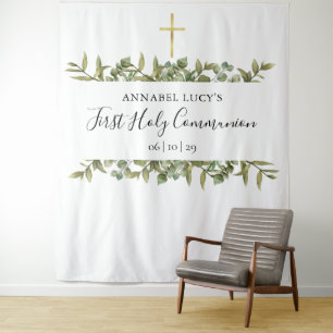 Eerste Heilige Communie Gouden Kruis Groene Foto A Wandkleed