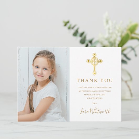 Eerste Heilige Communie Gouden Kruis Handtekening Bedankkaart (Staand voorkant)