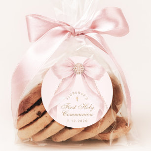 Eerste Heilige Communie Gouden Kruis Roze Strik Ronde Sticker