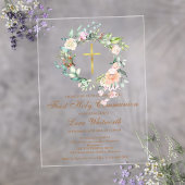 Eerste Heilige Communie Gouden Kruis Waterverf Blo Acryl Uitnodigingen