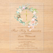 Eerste Heilige Communie Gouden Kruis Waterverf Blo Acryl Uitnodigingen (Voorkant)