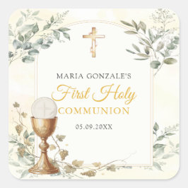 Eerste Heilige Communie Gouden Kruissticker Vierkante Sticker