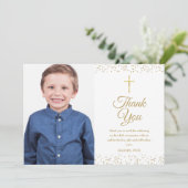 Eerste Heilige Communie Gouden Stof Foto Bedankkaart (Staand voorkant)
