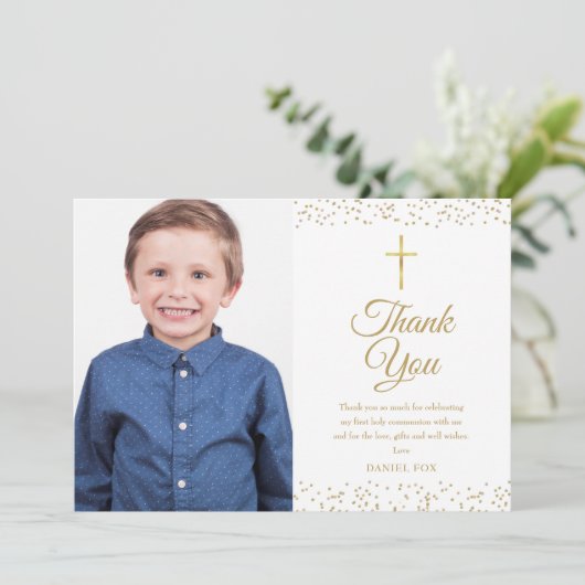 Eerste Heilige Communie Gouden Stof Foto Bedankkaart (Staand voorkant)
