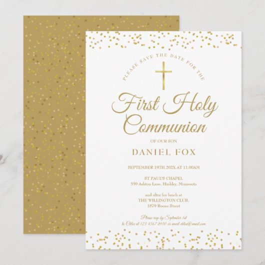 Eerste Heilige Communie Gouden Stof Save The Date (Voorkant / Achterkant)