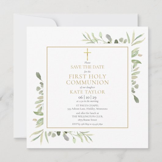 Eerste Heilige Communie Green Square Save the Date (Voorkant)