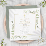 Eerste Heilige Communie Green Square Save the Date<br><div class="desc">Deze chique genderneutrale First Holy Communion save-the-date uitnodiging is voorzien van delicate waterverf groene bladeren en een elegante gouden crucifix,  en kan worden gepersonaliseerd met uw speciale informatie,  met een wijze groene achtergrond op de achterkant. Ontworpen door Thisnotme©</div>
