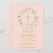 Eerste Heilige Communie Greenery Blush Pink Gold Kaart (Voorkant / Achterkant)